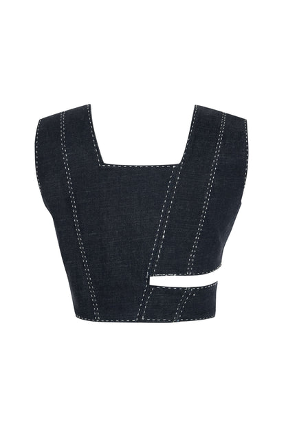 JENDUE Livia Crop - Asymmetric Dark Denim Cut-Out Top