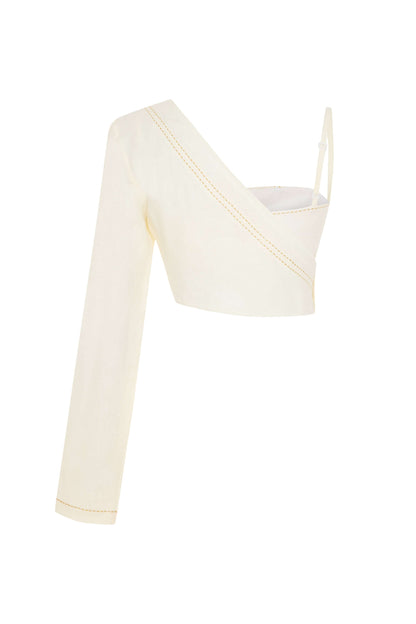 JENDUE Radiant Crop - Asymmetric One-Sleeve Linen Top