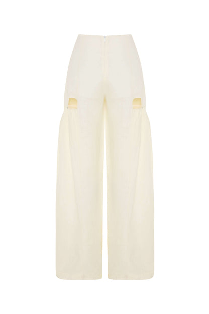 JENDUE Radiosa Sole Trousers - Linen Cut-Out Wide Leg Pants