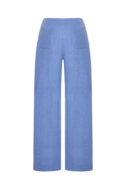 JENDUE Luna Trousers - Blue High-Waisted Wide Leg Pants