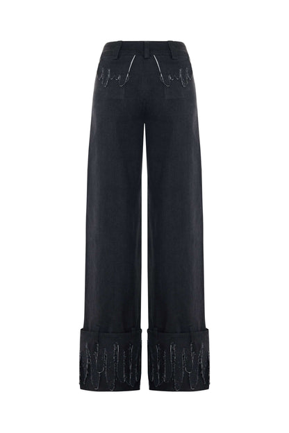 JENDUE Luciano Trousers - Wide-Leg Black Denim Pants