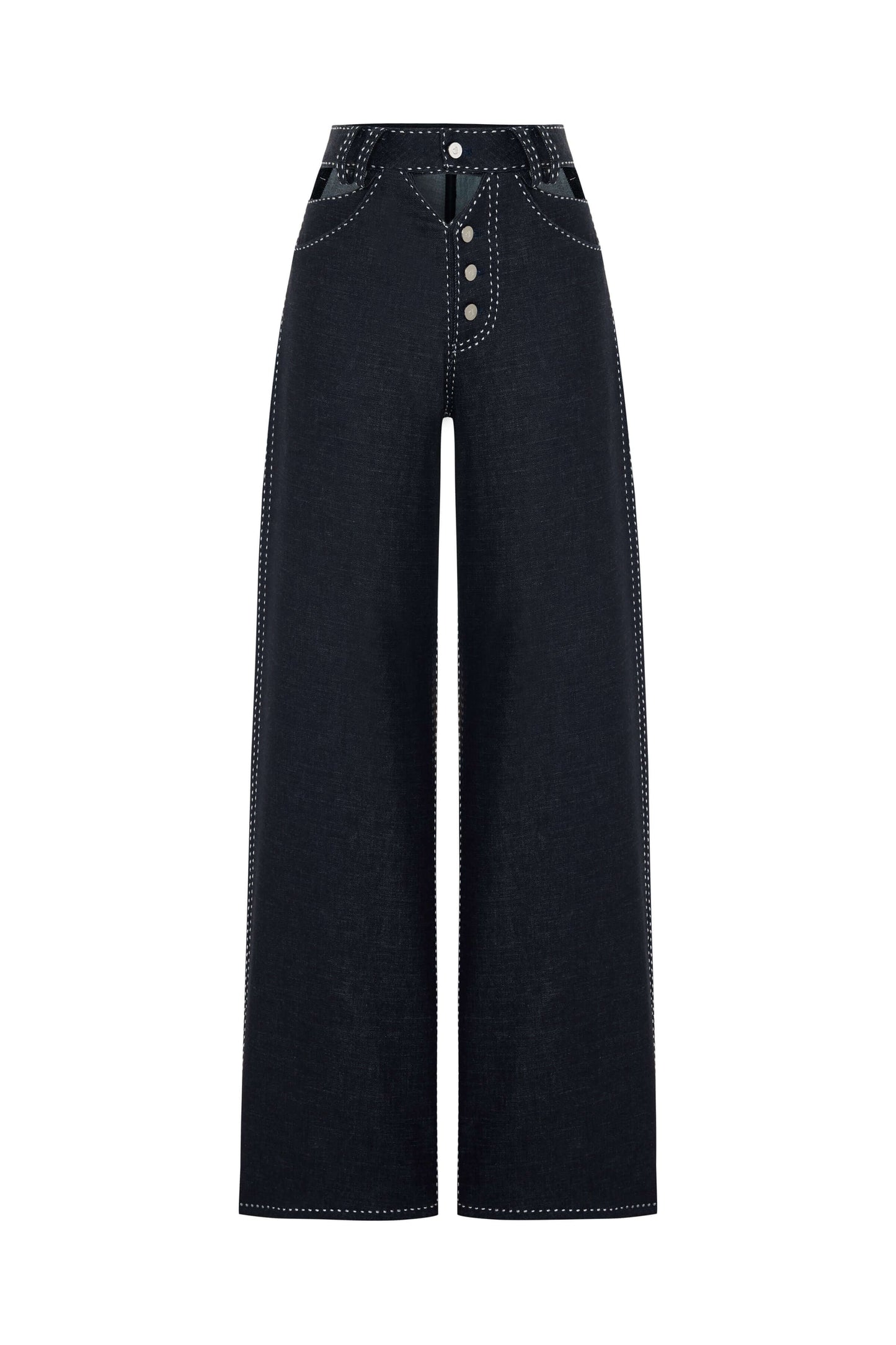 JENDUE Livia Trousers - Wide-Leg High-Waist Navy Denim