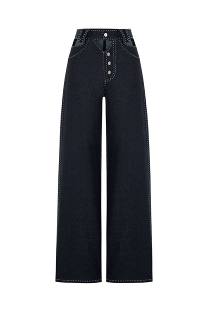 JENDUE Livia Trousers - Wide-Leg High-Waist Navy Denim