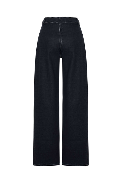 JENDUE Livia Trousers - Wide-Leg High-Waist Navy Denim