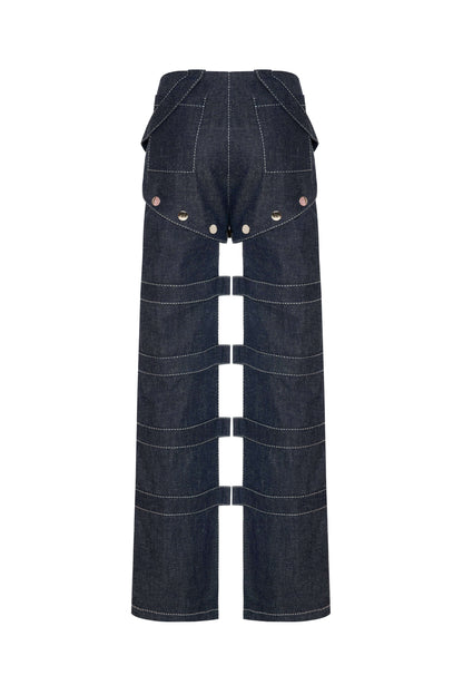 JENDUE Solen Trousers - Avant-Garde Cut-Out Denim Design