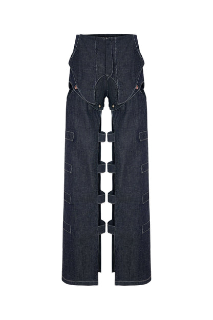 JENDUE Solen Trousers - Avant-Garde Cut-Out Denim Design