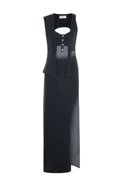 JENDUE Raffinato Dress - Denim Cut-Out Maxi Dress