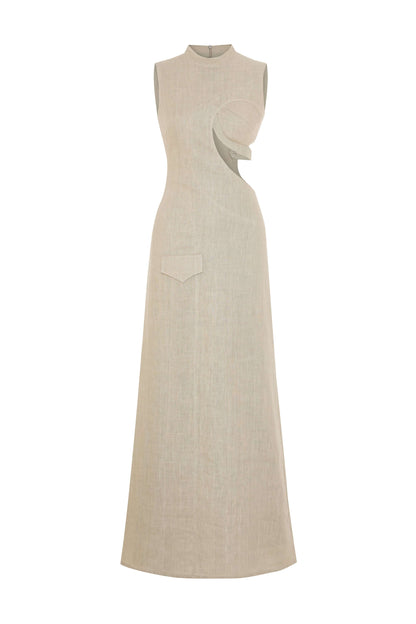 JENDUE Soul Flame Dress - Avant-Garde Linen Maxi Cut-Out