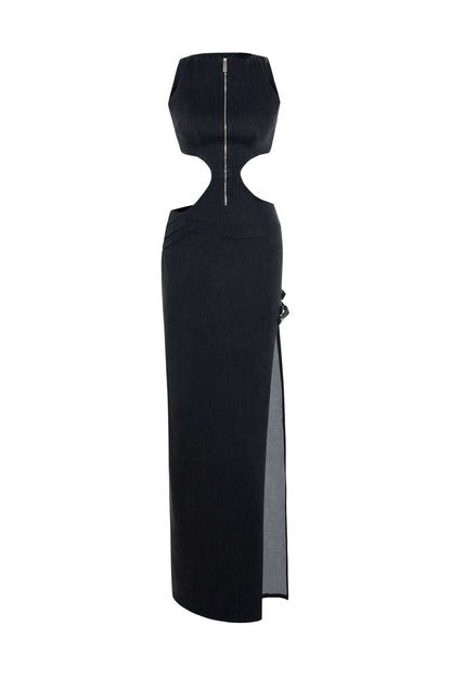 JENDUE Maia Dress - Black Denim Cut-Out Maxi Dress