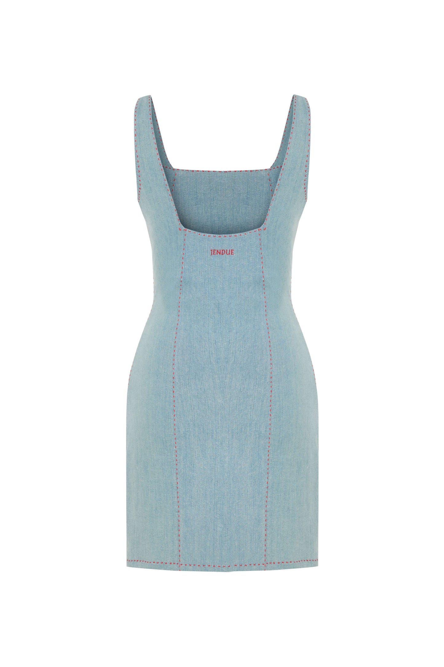 JENDUE Rachele Dress - Denim Mini Dress with Red Stitch