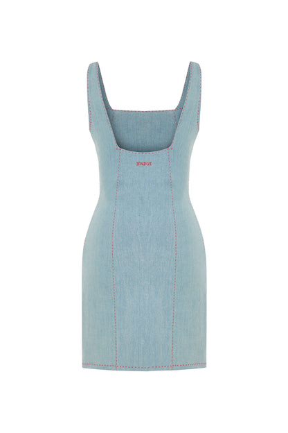 JENDUE Rachele Dress - Denim Mini Dress with Red Stitch