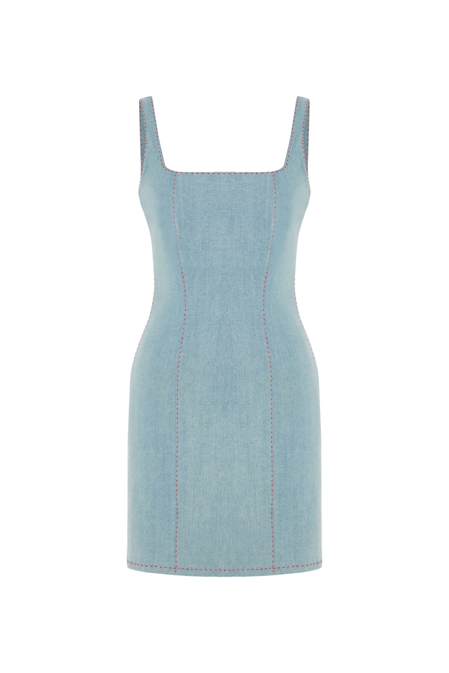 JENDUE Rachele Dress - Denim Mini Dress with Red Stitch