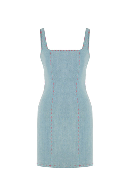 JENDUE Rachele Dress - Denim Mini Dress with Red Stitch