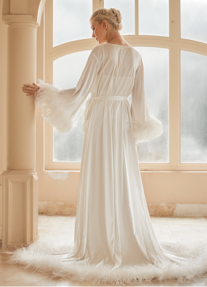 Sabine Plume Long Satin Robe with Train