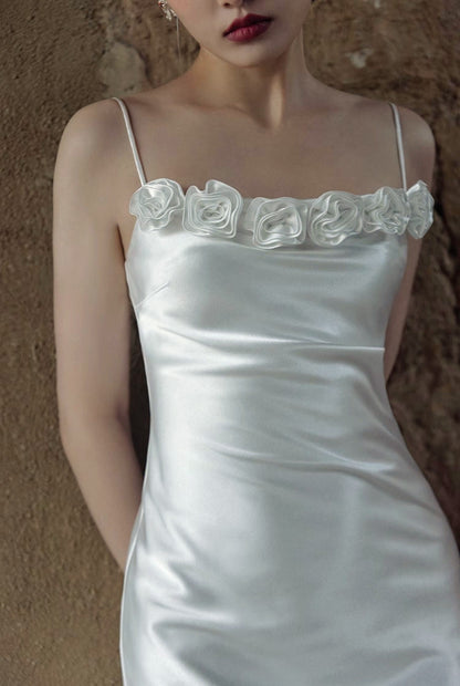 Rosalie Ceremony Rose-Trim Satin Slip Wedding Dress