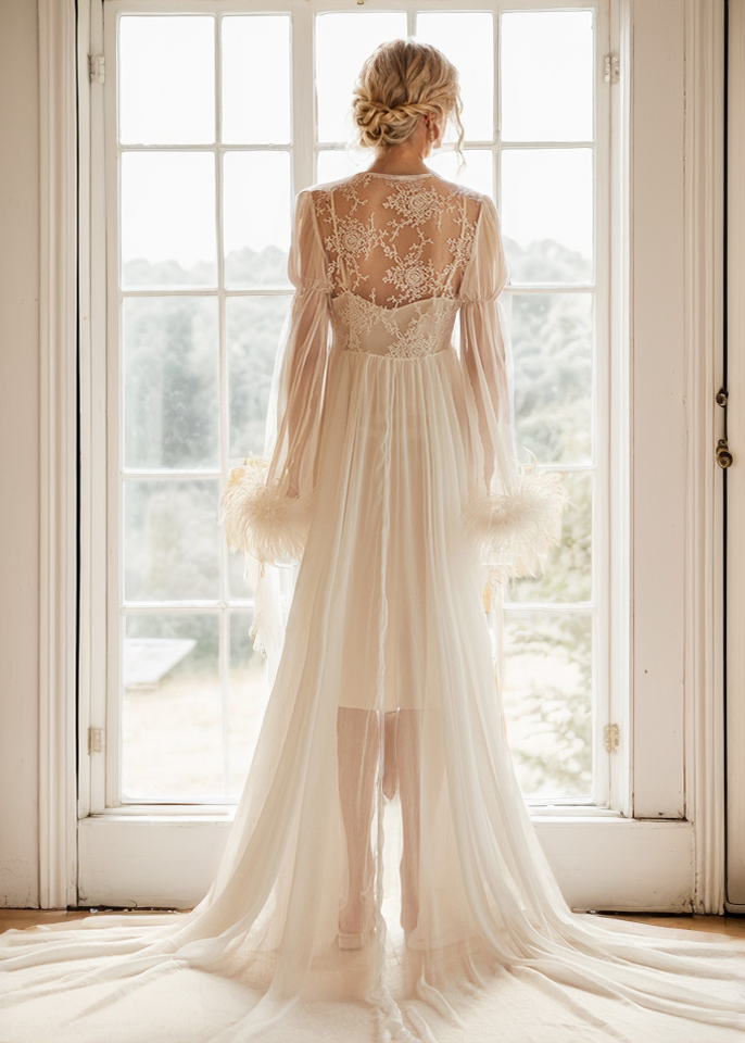 Adela Lace Feather-Trim Sheer Long Robe