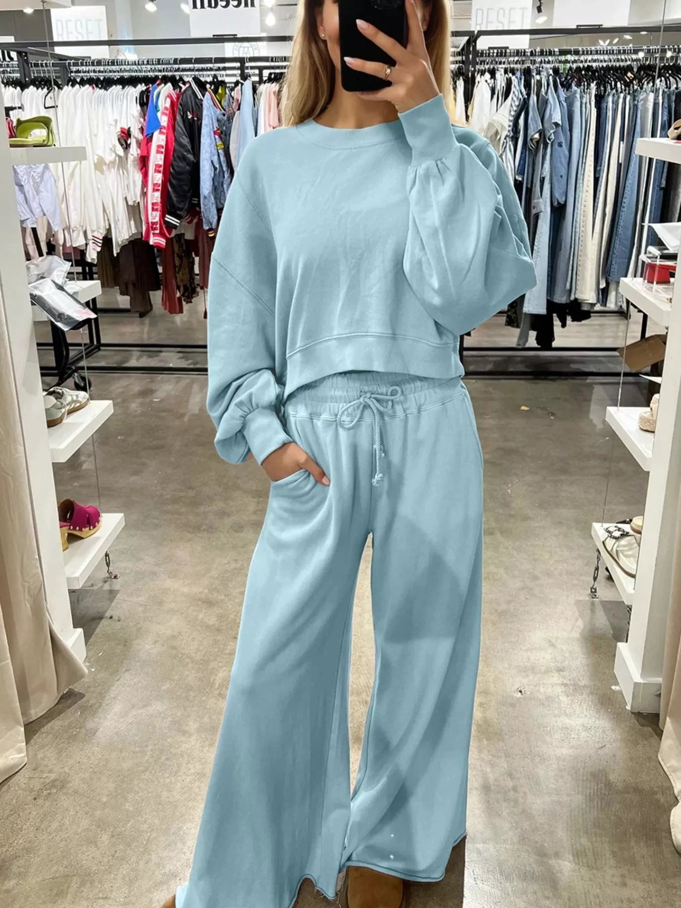 Drop Shoulder Puff Sleeve Crop Top and Drawstring Wide Leg Pants Set by Trendsi