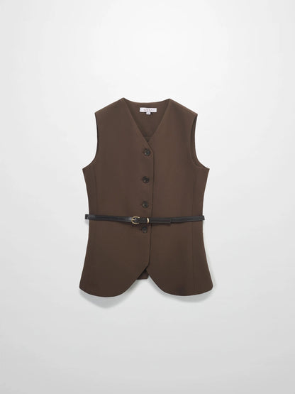 Button Down Crepe Vest-Brown by MEENA