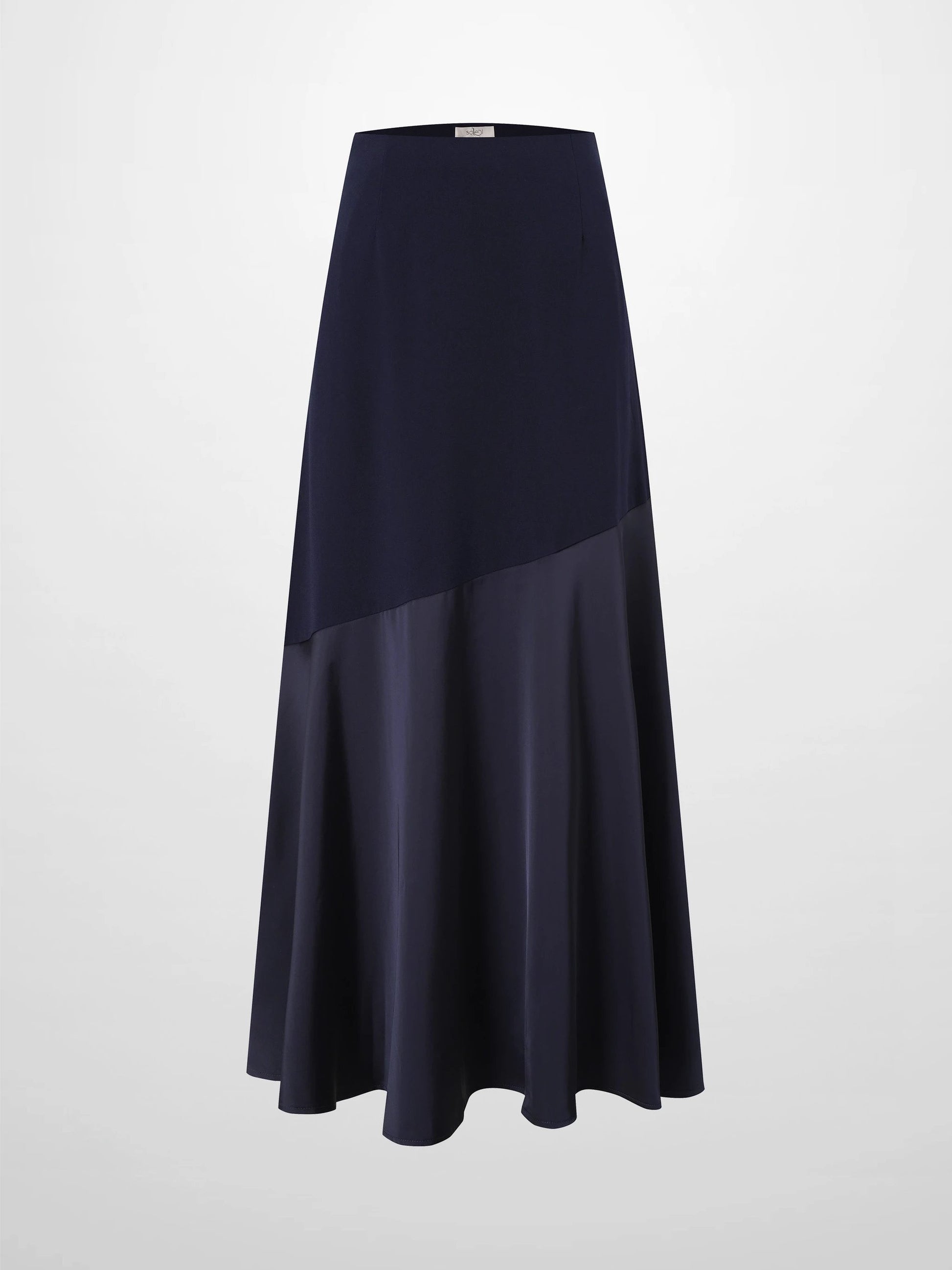 Faux Satin Bottom Flare Skirt-Navy by SOLEI