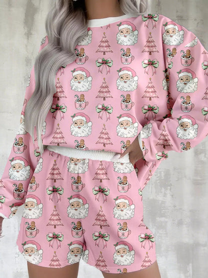 Christmas Santa Print Round Neck Top and Shorts Lounge Set by Trendsi