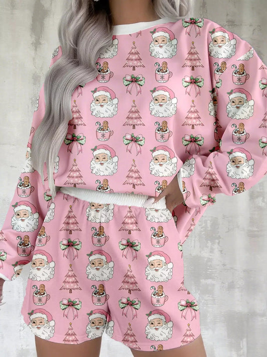 Christmas Santa Print Round Neck Top and Shorts Lounge Set by Trendsi