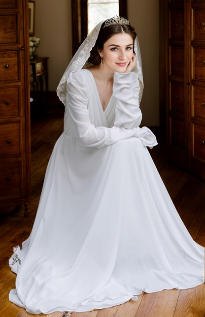 Cecily Vesper Draped-Sleeve Chiffon Wedding Gown