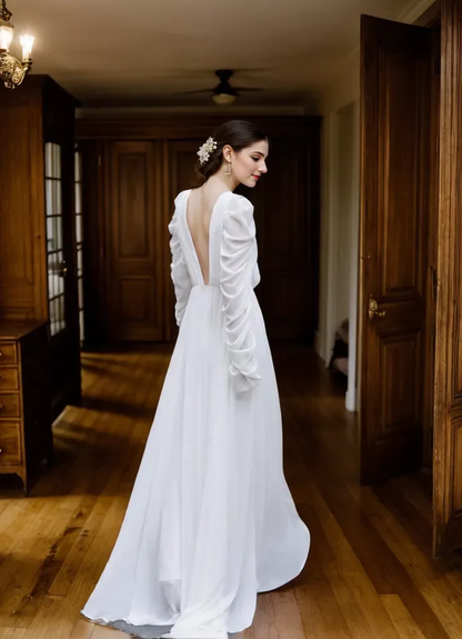 Cecily Vesper Draped-Sleeve Chiffon Wedding Gown