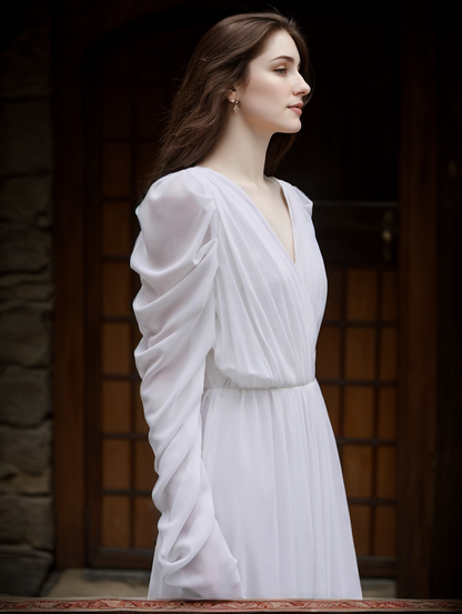 Cecily Vesper Draped-Sleeve Chiffon Wedding Gown