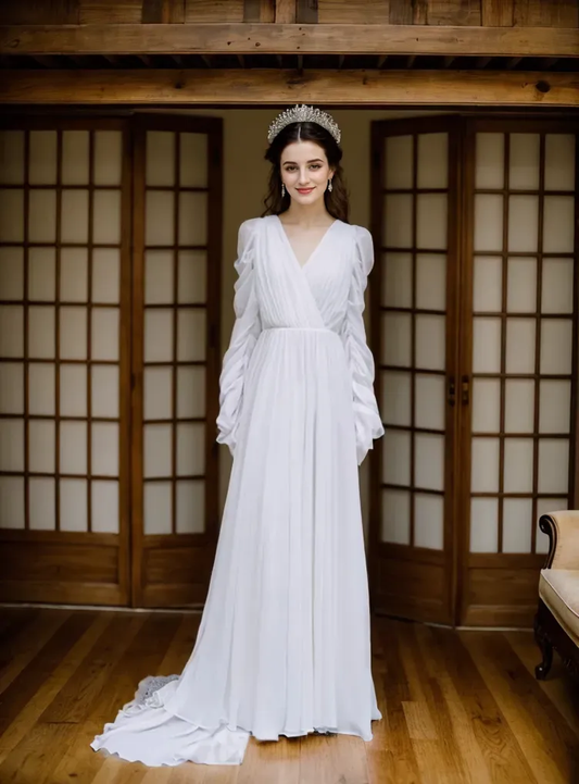 Cecily Vesper Draped-Sleeve Chiffon Wedding Gown
