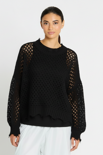Pima Cotton Hamptons Crewneck Crochet Sweater - Black