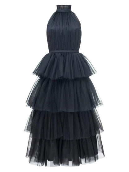 Florentine Air Ruffle-Hem Tulle Halter Dress