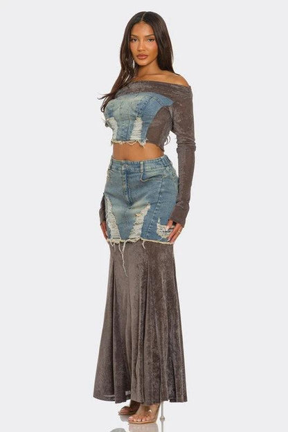 Velvet-Denim Fusion Set by OyeraCharisma