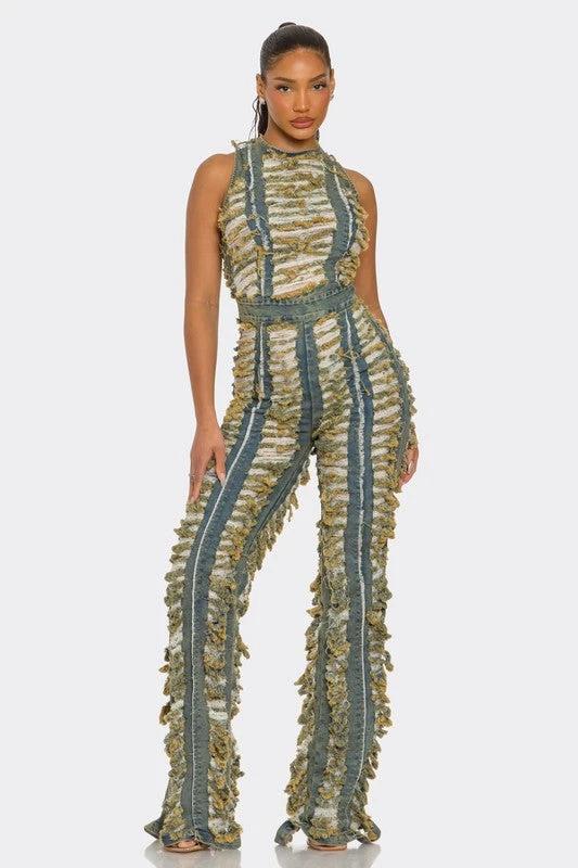 Raw Edge Frayed Denim Jumpsuit by OyeraCharisma