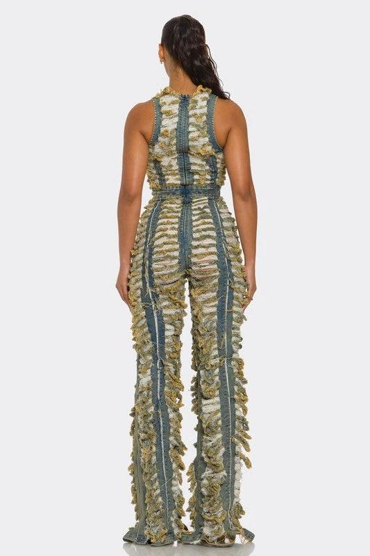 Raw Edge Frayed Denim Jumpsuit by OyeraCharisma
