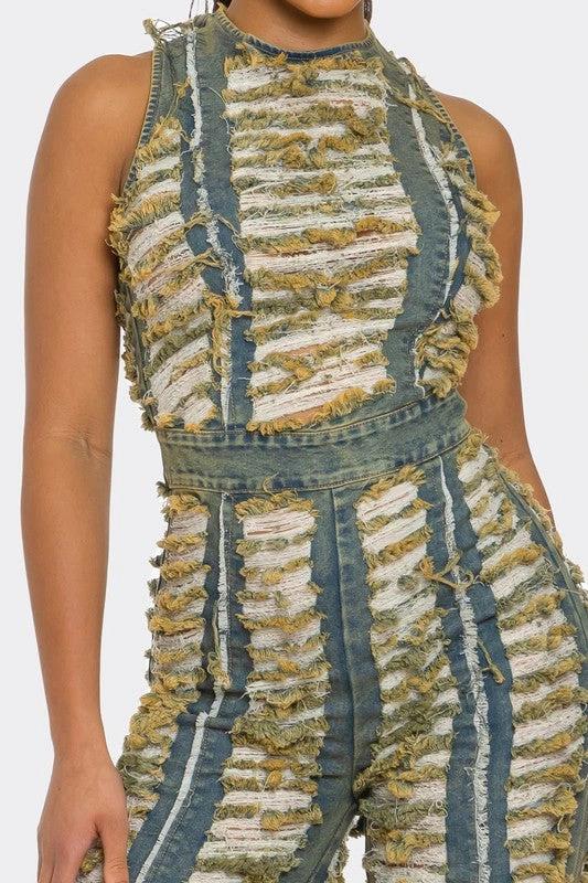 Raw Edge Frayed Denim Jumpsuit by OyeraCharisma