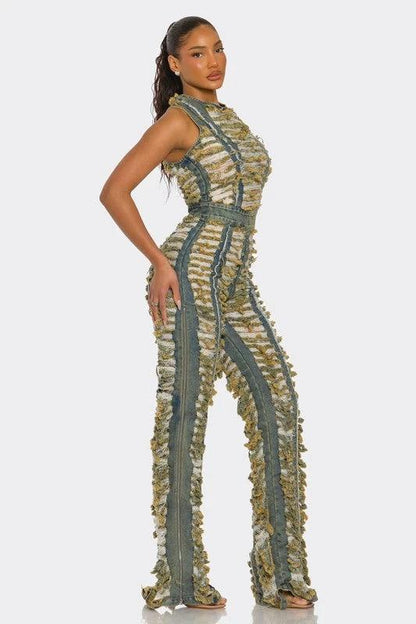 Raw Edge Frayed Denim Jumpsuit by OyeraCharisma