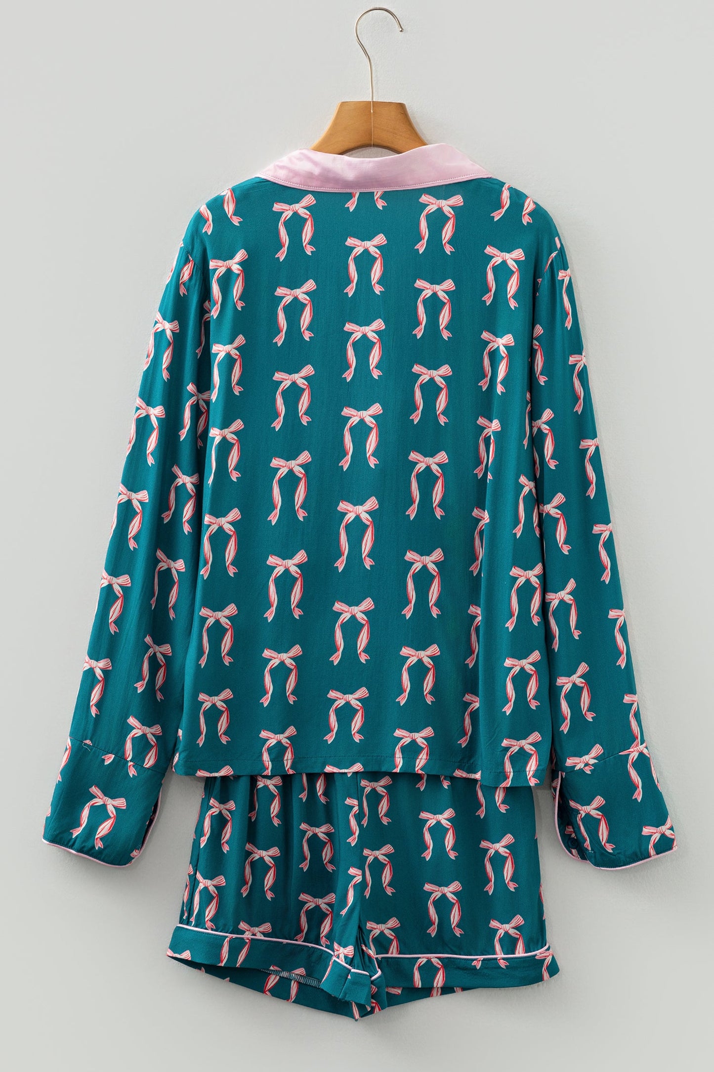 Green Ribbon Bow Print Silky Long Sleeve Shirt and Shorts 2pcs Pajama Set