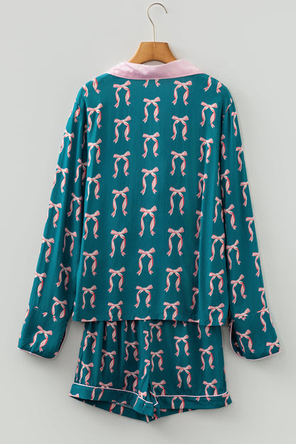 Green Ribbon Bow Print Silky Long Sleeve Shirt and Shorts 2pcs Pajama Set
