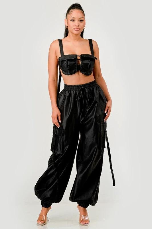 Black Utility Crop Top & Cargo Pant Set by OyeraCharisma