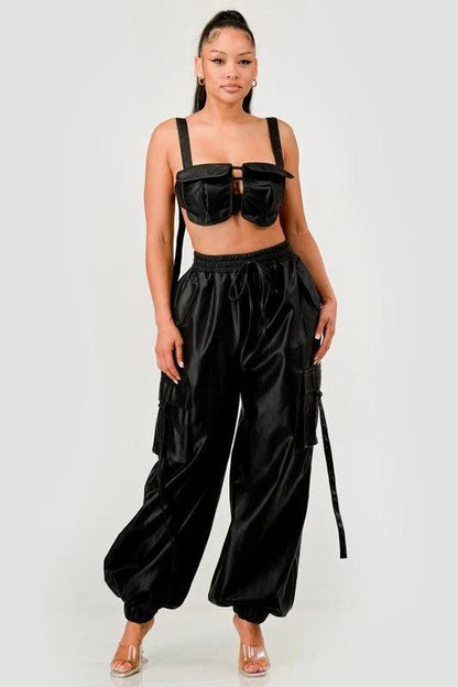 Black Utility Crop Top & Cargo Pant Set by OyeraCharisma