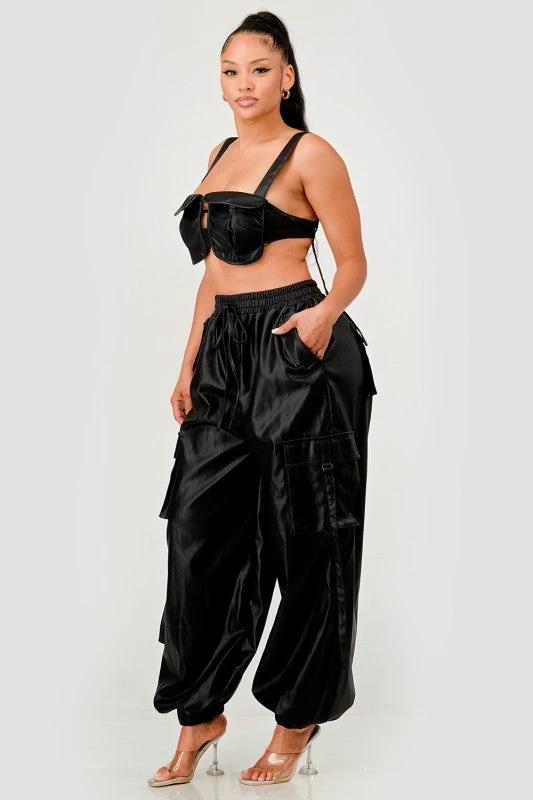 Black Utility Crop Top & Cargo Pant Set by OyeraCharisma