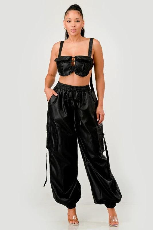 Black Utility Crop Top & Cargo Pant Set by OyeraCharisma