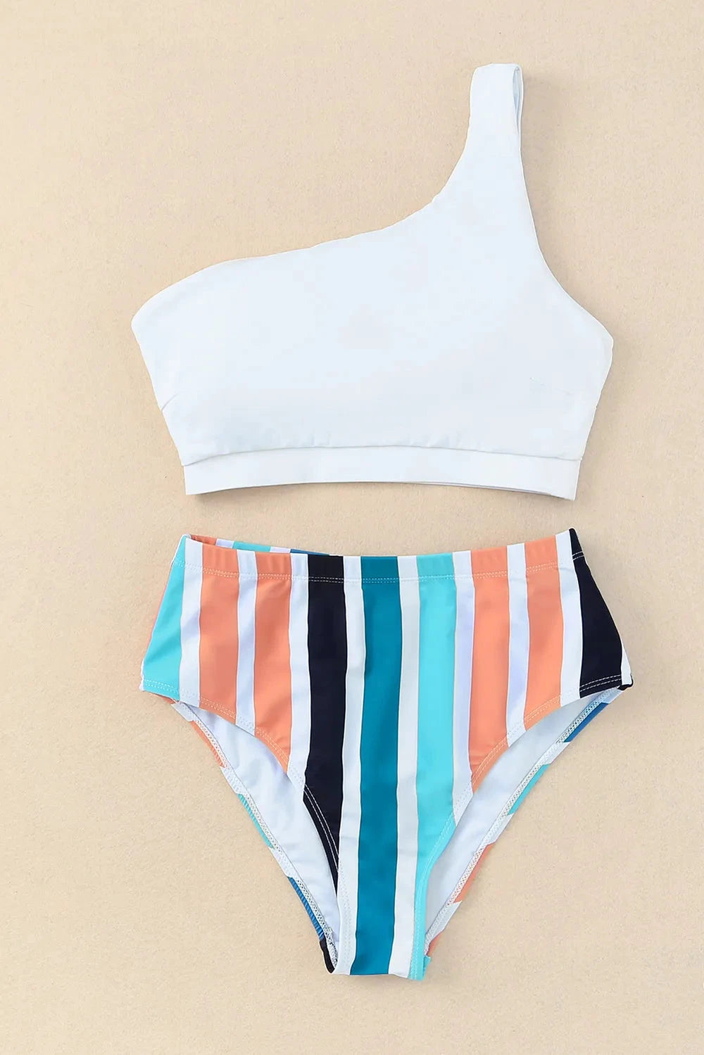 Striped One Shoulder Two-Piece Swim Set by Trendsi