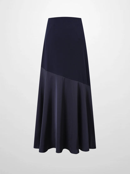 Faux Satin Bottom Flare Skirt-Navy by SOLEI