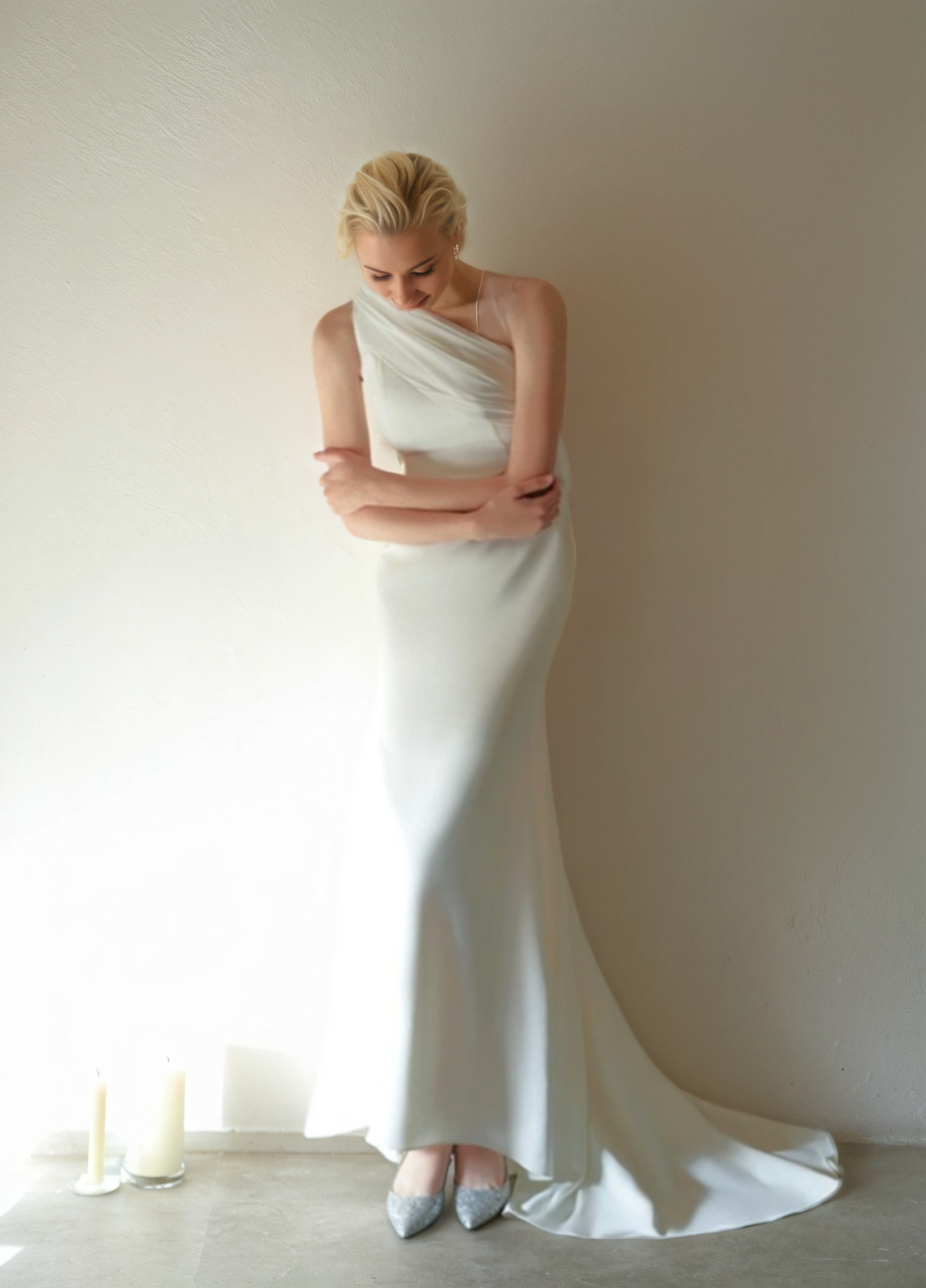 Aurette Line One-Shoulder Satin Wedding Gown