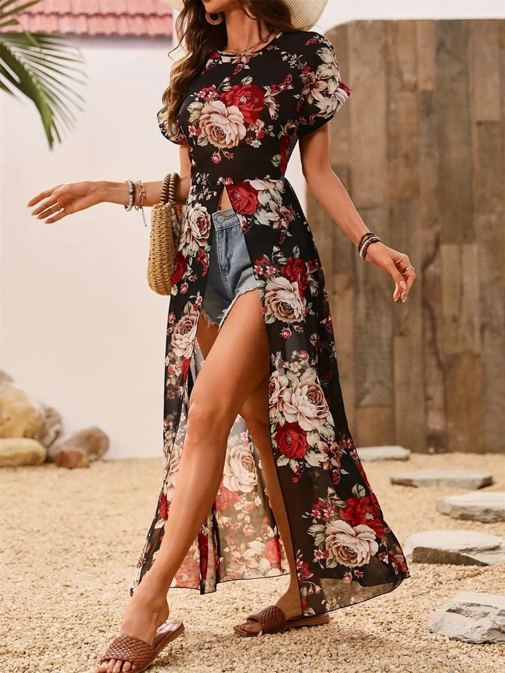 Slit Rose Printed Round Neck Short Sleeve Blouse by Trendsi