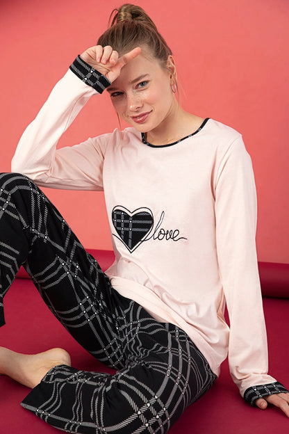 Women’s Junior Pajama Set 2-Piece Cotton Long Sleeve Top & Pants Heart Plaid Print by M.O.S