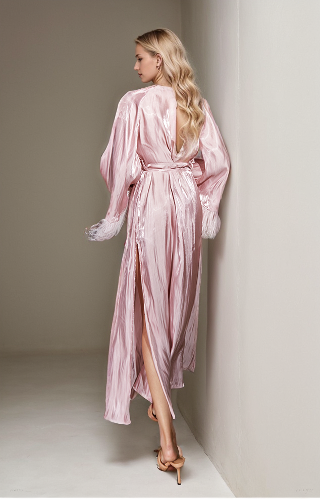 Tassel Nocturne Feather-Cuff Satin Robe