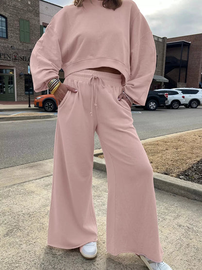 Drop Shoulder Puff Sleeve Crop Top and Drawstring Wide Leg Pants Set by Trendsi