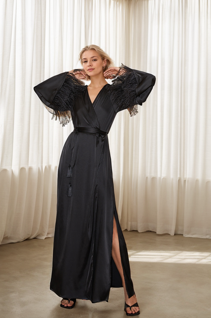 Tassel Nocturne Feather-Cuff Satin Robe